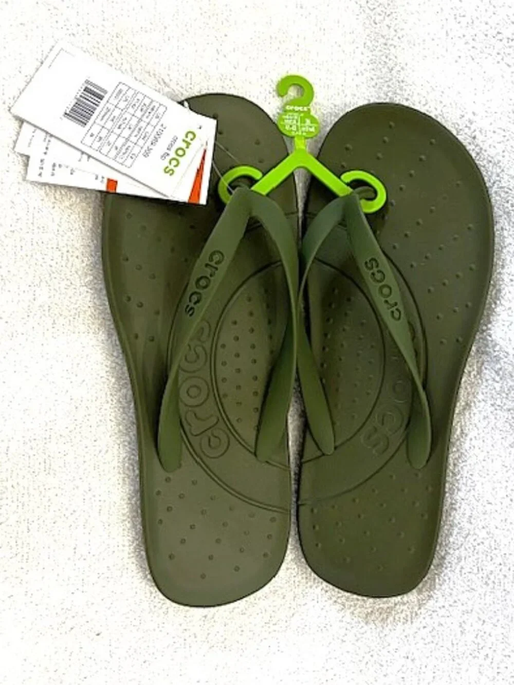 Crocs brand olive color flip flops NWT Men's Size 8/Women's Size 10